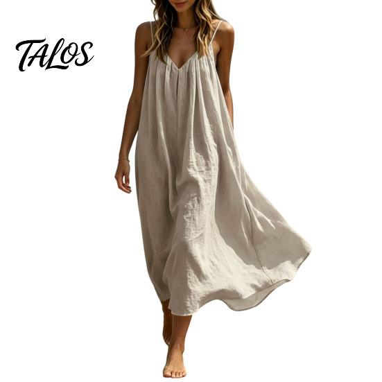 Flowy Beach Dress Women's Spaghetti Strap Sundress, Summer Sleeveless V Soft Fabric Neck Cami Dress, Loose Vacation Long Multi-detail Design