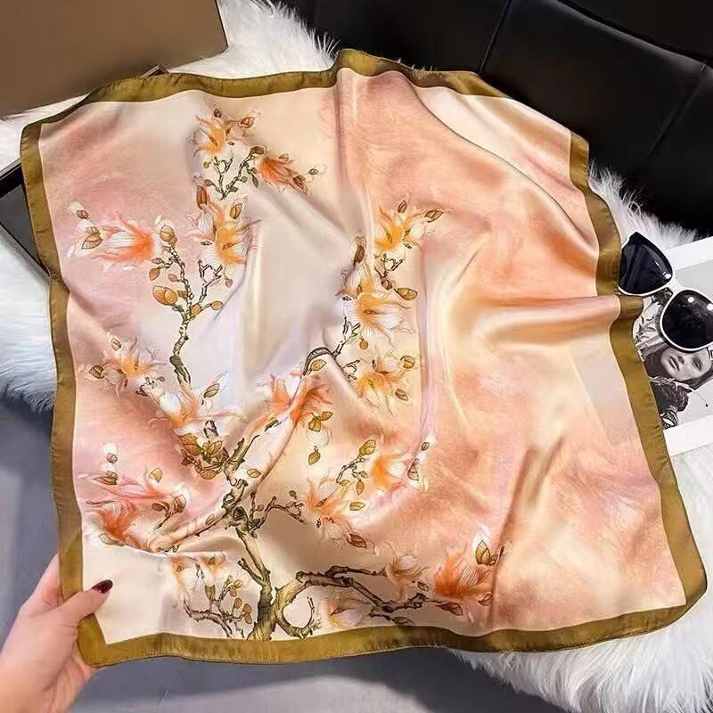 70x70cm Lightweight Cotton Silk Square Scarf With Boho Floral Print Breathable Neck Wrap Women