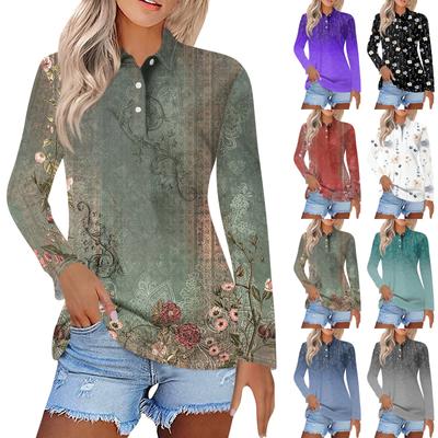 Koszula damska z długim rękawem i klapami w stylu casual z nadrukiem, zapinana na guziki