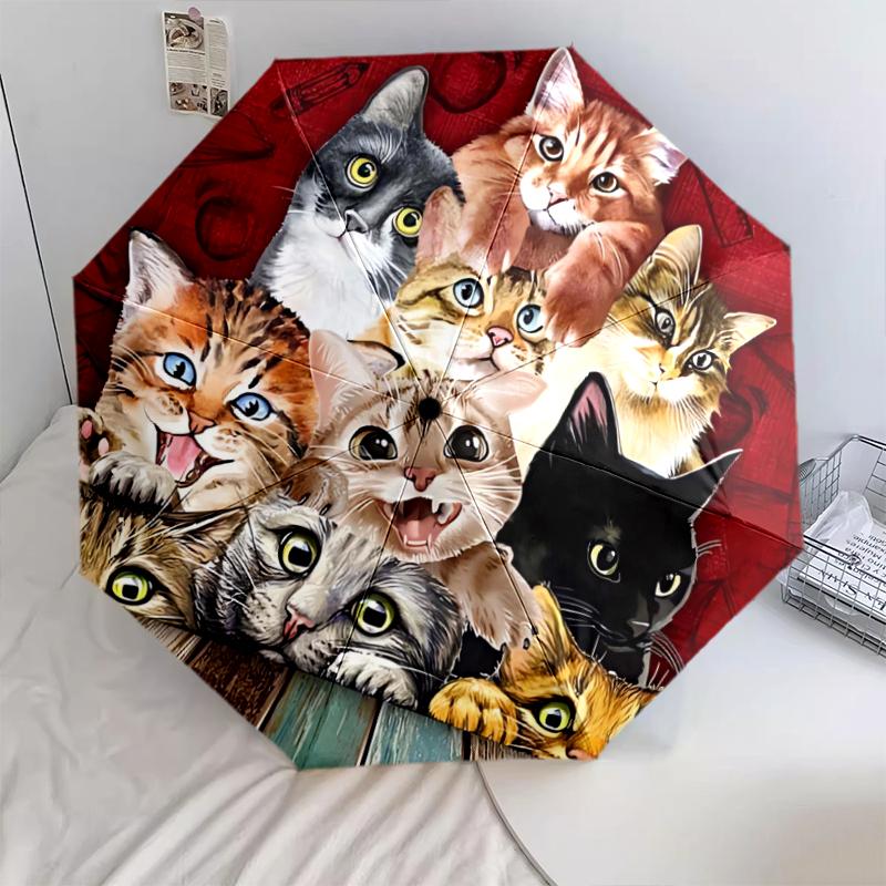 1 Pezzo Ombrello Pieghevole Automatico - Fantasia Gatto Carino, Design Portatile e Pieghevole con 8 Stecche, Regali di Natale e Compleanno