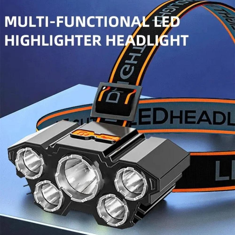 LED Strong Light Five Headed Outdoor Waterproof Fishing Light USB Rechargeable Ultra Bright Head Mounted Flashlight