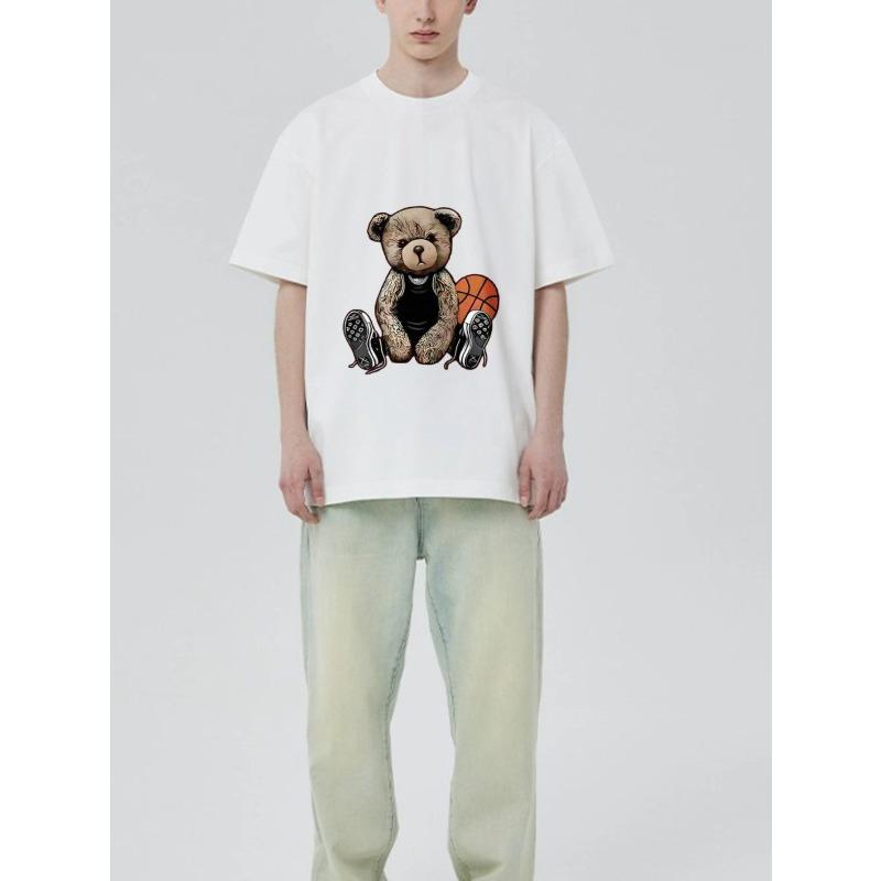 Crewneck T Shirt Black Bear Basketball and Sneakers Print Casual Streetwear for Men and Women