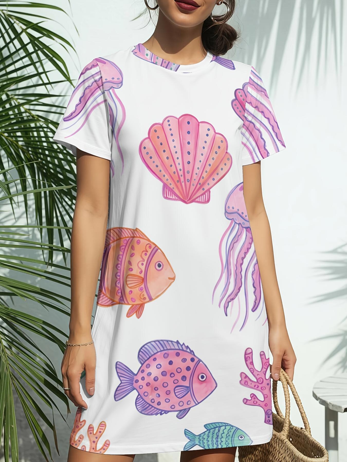

New Women S Round Neck Short Sleeve T-Shirt Dress with Jellyfish Print. Featuring American Trendy Digital Printing. Perfect for Casual Spring And Summ 3XL дубильна кора