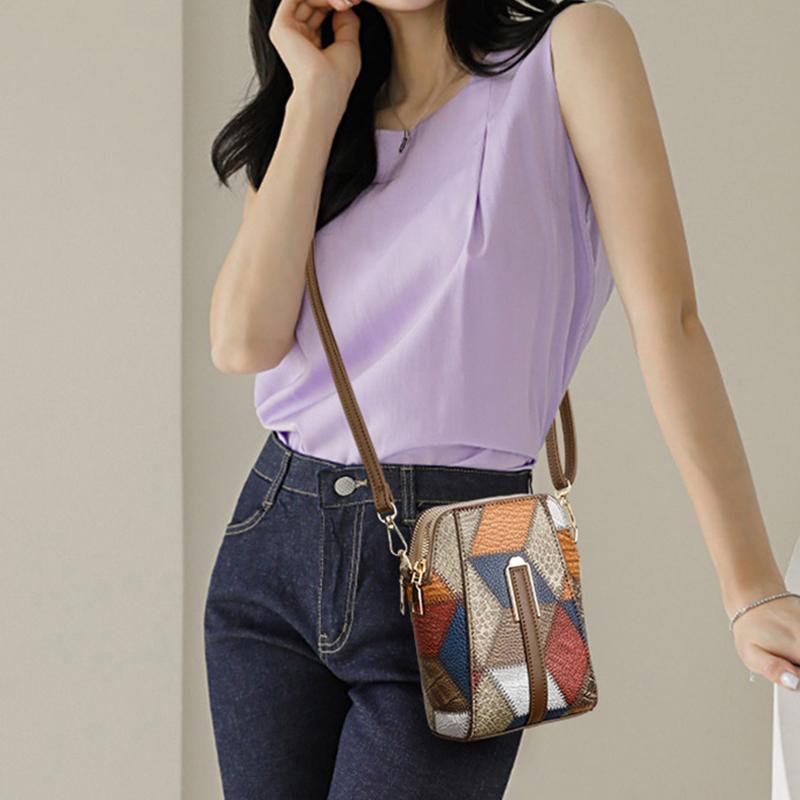 PU Leather Women Shoulder Bag Multi Zipper Soft Cowhide Girls Small Mobile Phone Bag Color Stitching Crossbody Bag