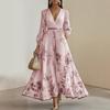Women's Deep V Neck Long Sleeve Maxi Dress Regular Fit Mid Rise Floral Print Pleated Chiffon Elegant Wedding Guest Long Gown