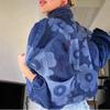 Women's Lapel Long Sleeve Cropped Denim Jacket Loose Fit Laser Floral Print Casual Jean Outerwear