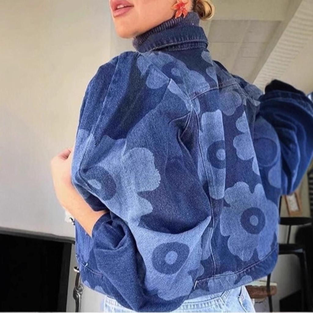 Women's Lapel Long Sleeve Cropped Denim Jacket Loose Fit Laser Floral Print Casual Jean Outerwear