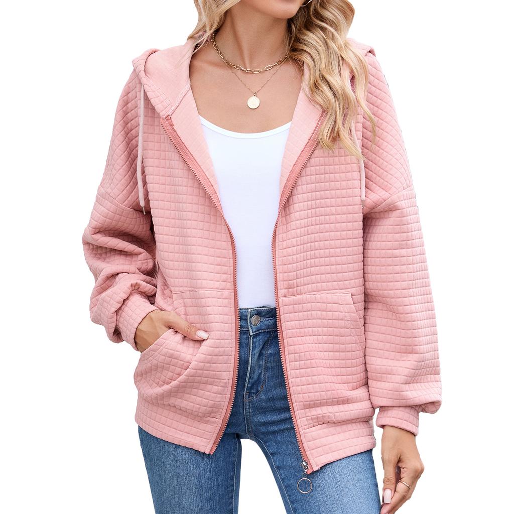 European and American-style Women's Solid Color Zip-up Long-sleeve Hooded Sweatshirt/jacket for Fall and Winter