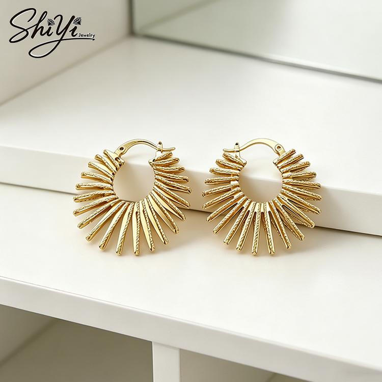 High Quality Gold Plated Non Tarnish Jewelry Hypoallergenic Copper Earrings Anti Tarnish Sunburst Hoops for Women Gift золотой