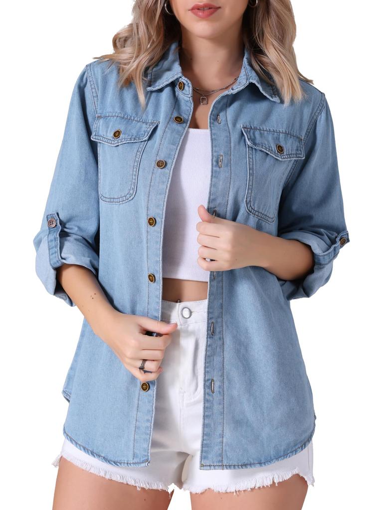 Allegra K CIMUK Women's Denim Jacket, Long Sleeve Button-Down with Pockets, Light Blue, Size M