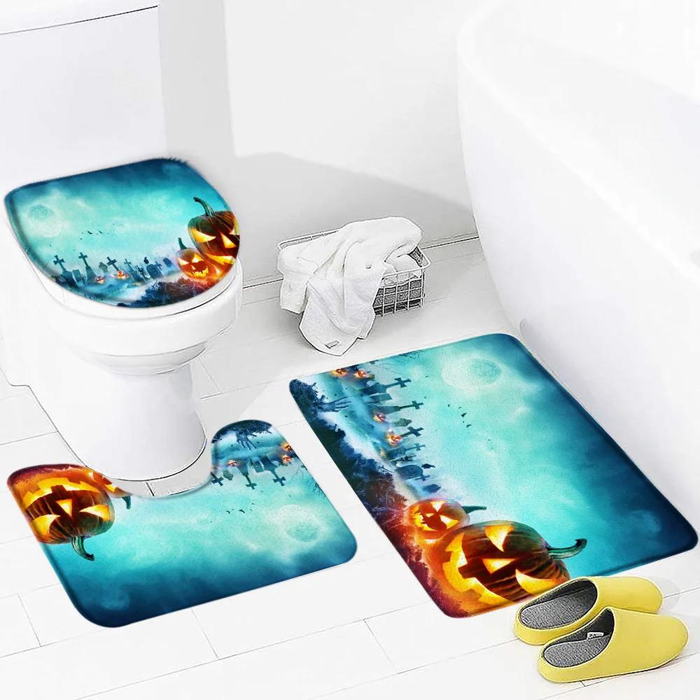 Halloween Bathroom Rugs Sets 3 Piece with Non-Slip Rug, Toilet Lid Cover and Bath Mat Pumpkin Washable Bathroom Accessories Set