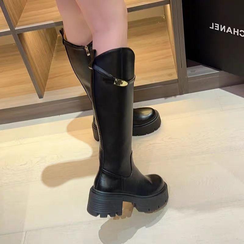 Thick-soled Small Man Velvet Metal Boots British Style Maillard Knight Boots Women's Tall Tube 2025 Autumn and Winter New Models