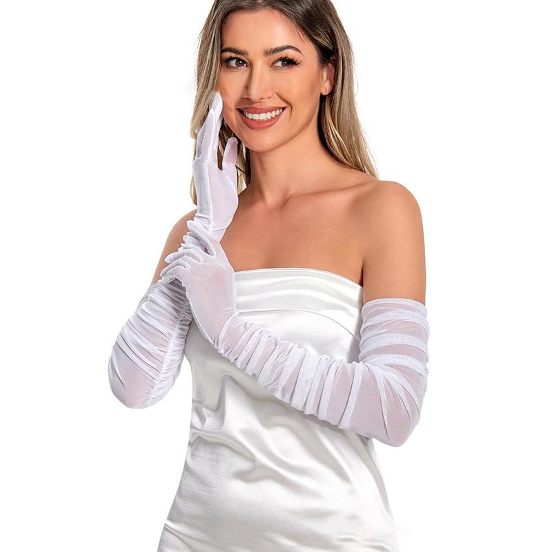 Sexy Transparente Plissierte Handschuhe Mesh Durchsichtig Braut Hochzeitskleid Lange Handschuhe Kostümparty Tanz Accessoire