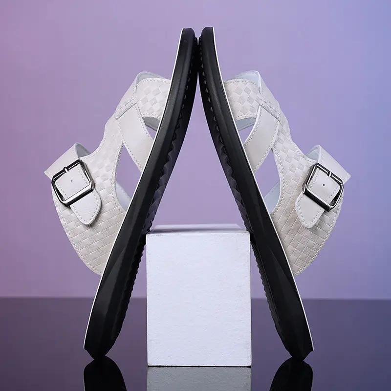 Men's Leather Slide Sandals Adjustable Buckle Casual Non-slip Summer Beach Slippers