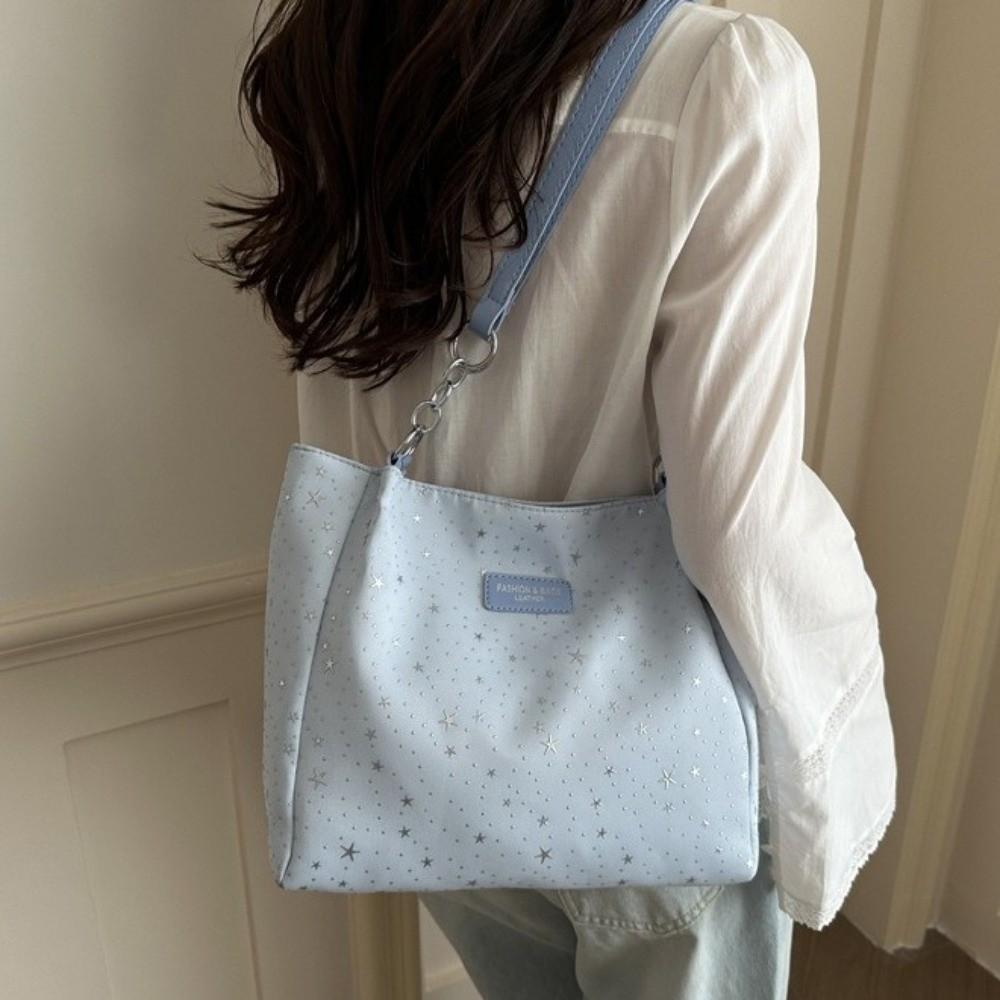 Soft PU Strap Star Print Shoulder Bag Solid Color Hobo Bag Sweet Handbag  School