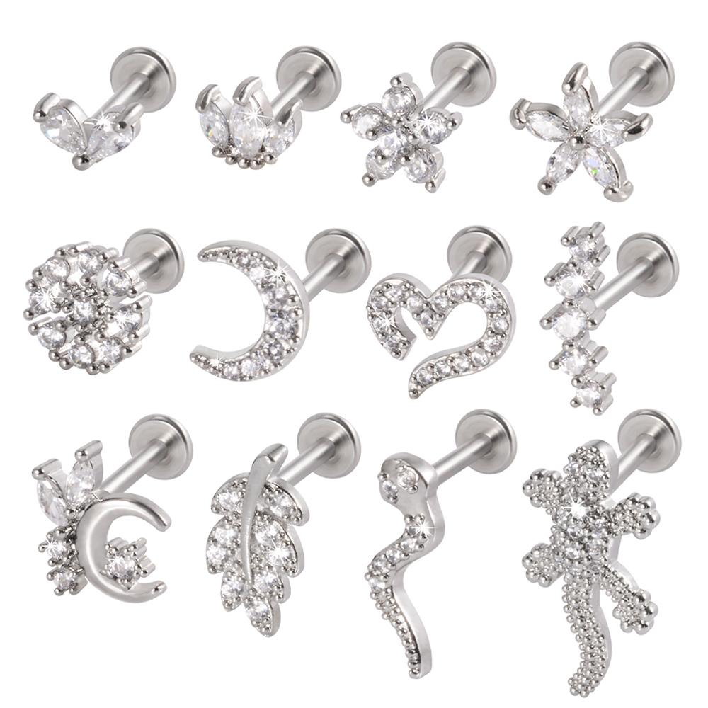 1pcs Surgical Steel Zircon Ear Stud Labret Stud Lip Ring Cartilage Helix Lobe Conch Piercing Moon Earrings Body Piercing Jewelry