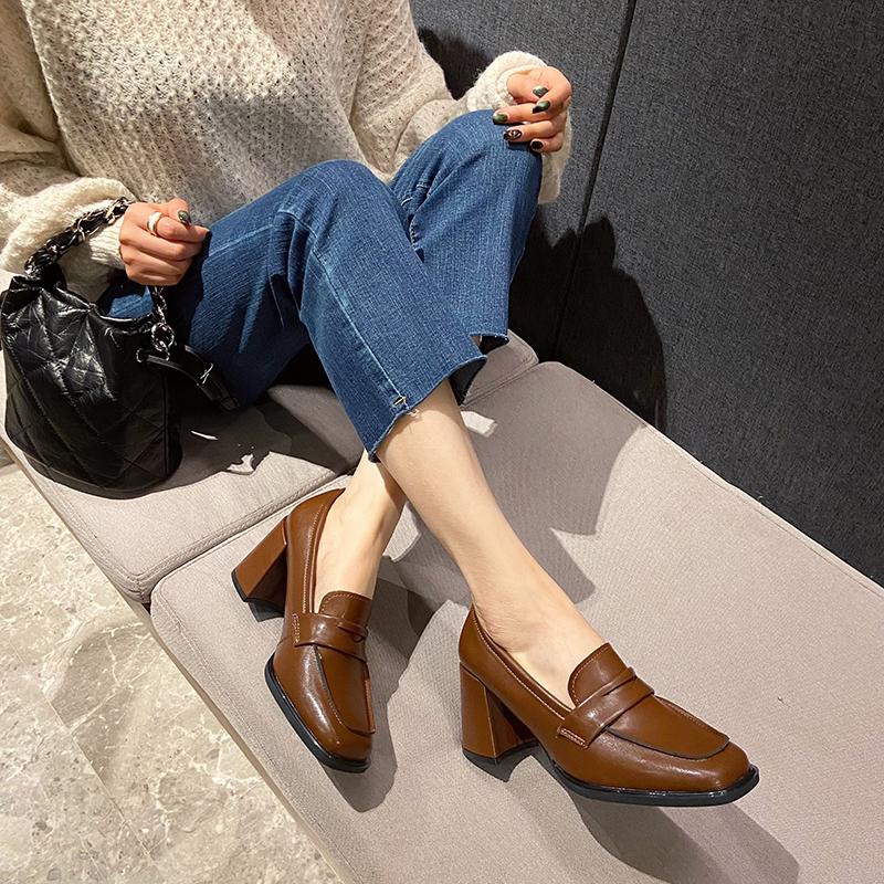 Fashion New Vintage College Style Women Loafer Shoes Fashionable Shallow Slip On Female Elegant Thick Heel Commuting Shoes Zapatos Mujer