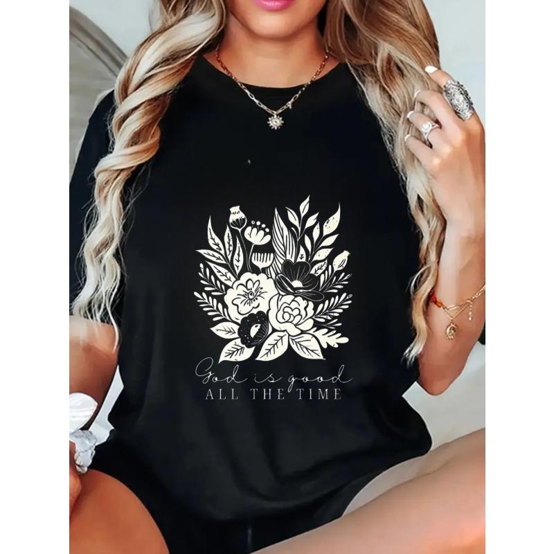 Black Oversized T-Shirt With Floral Design And God Is Good All The Time Text For Casual Wear