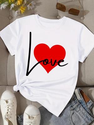 (Asian Size) Tee Top Clothing T Shirt Women Fashion Woman Print Sweet Love Heart Female Short Sleeve Graphic T-shirts