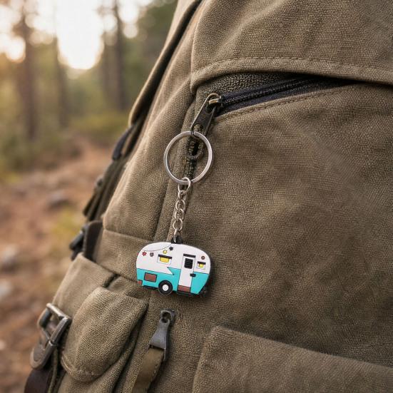 Cartoon RV Shape Keychain, Contrasting Color Keyring Accessories for Travel Trailers, Enameled Metal Retro Camping Car Keychain