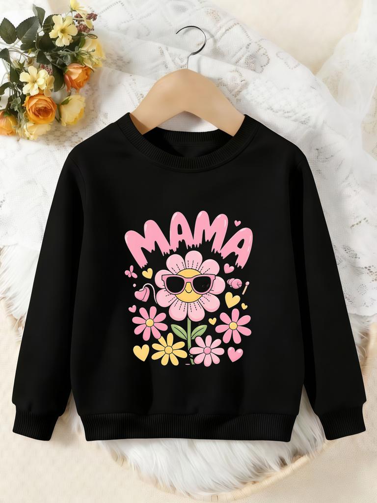 Unisex Kids Crewneck Sweatshirt, Cute Pink Mama Flower Heart Print Pullover, Boys Girls Mother's Day Casual Sweatshirt For Kids Over 4 Years Old