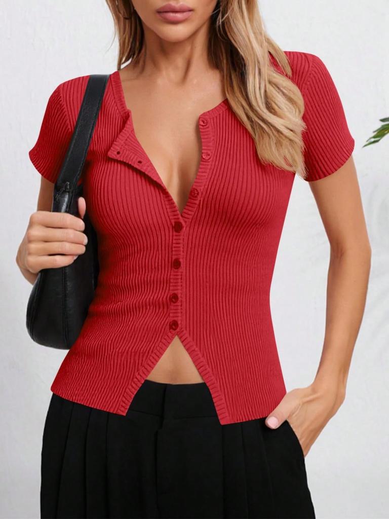 Damen Rippstrick Cropped Cardigan Kurzarm Knopfleiste Figurbetont Pullover Top