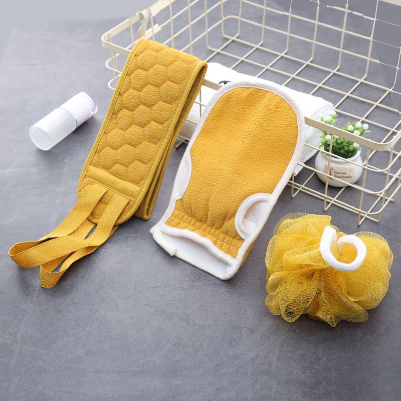Thickened Bath Towel & Mud Scrubbing Three-Piece Set with Long Back Scrubber & Decontamination Bath Ball