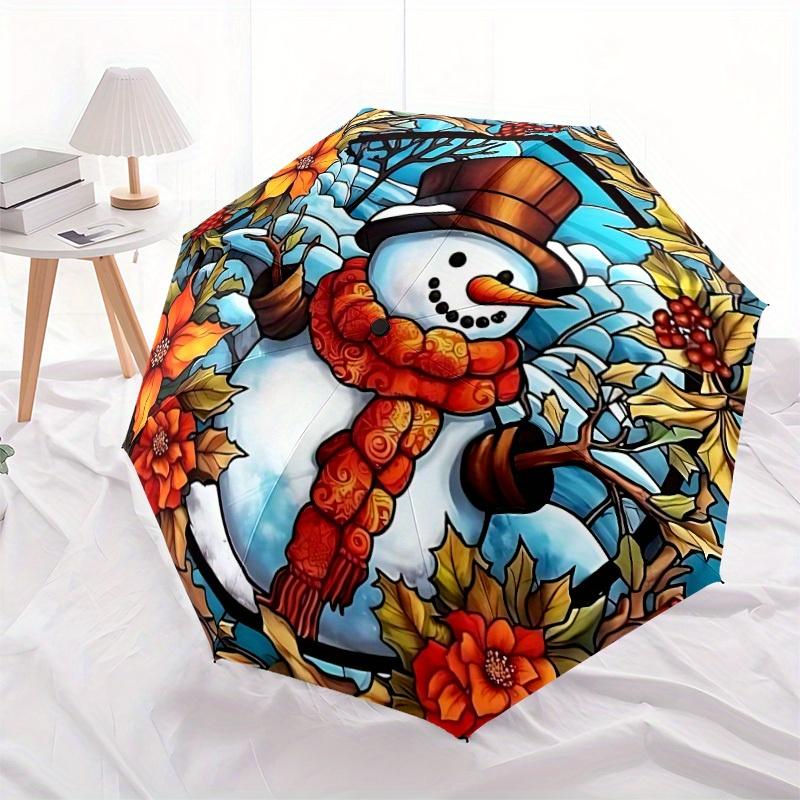 1pc Snowman Pattern Automatic Opening/Closing Folding Umbrella with 50 Ribs, Plastic Handle, Windproof Portable Sunshade Umbrella Halloween