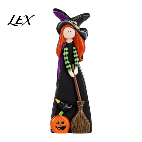 Fall Home Party Accents Halloween Witch Table Decoration, Cute Wooden Centerpiece, Farmhouse Autumn Vintage Style Crafts Ornament with Broomstick