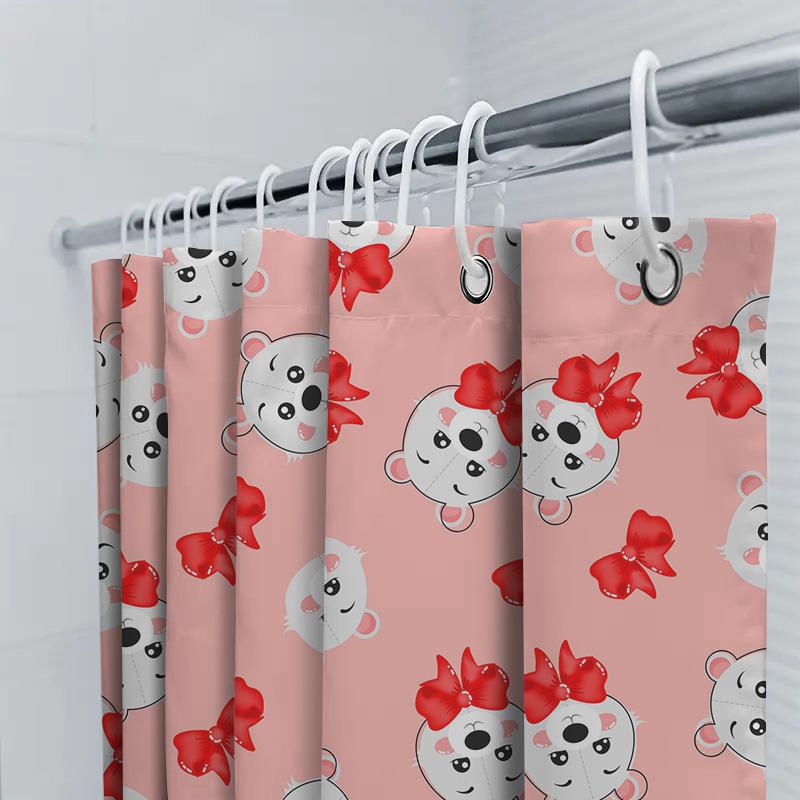Adorable Red Bow Print Bear Shower Curtain Pink Bath Decoration Waterproof Home Decor Bathroom Artistic Animal Pattern Fabric Ra
