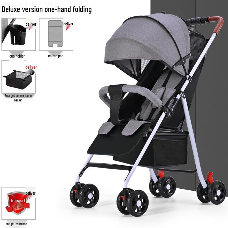 Lightweight Foldable Baby Stroller, Four-Wheeled, Convertible for Sitting or Lying, One-Button Fold Portable Design