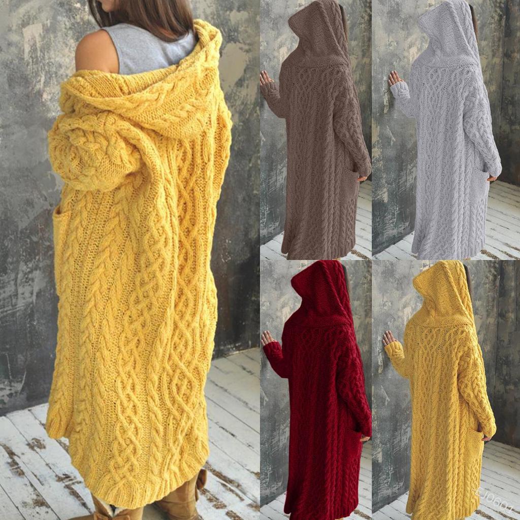 Europe & America Plus Size Knit Hooded Long Cardigan