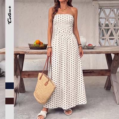 Retro Temperament Polka Dot Strapless Dress Elegant Spring Summer Dress Long Skirt for Women