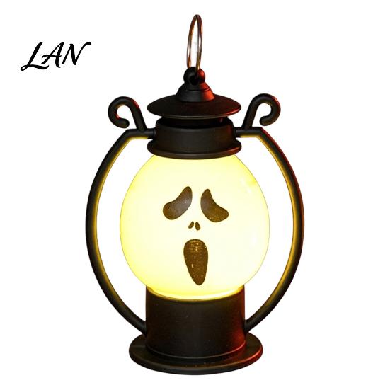 Safe Flameless Candle Halloween Ghost Face Night Light, Portable Retro LED Lamp with Hanging Decorative Lantern Ring, Battery Operated Vintage белый