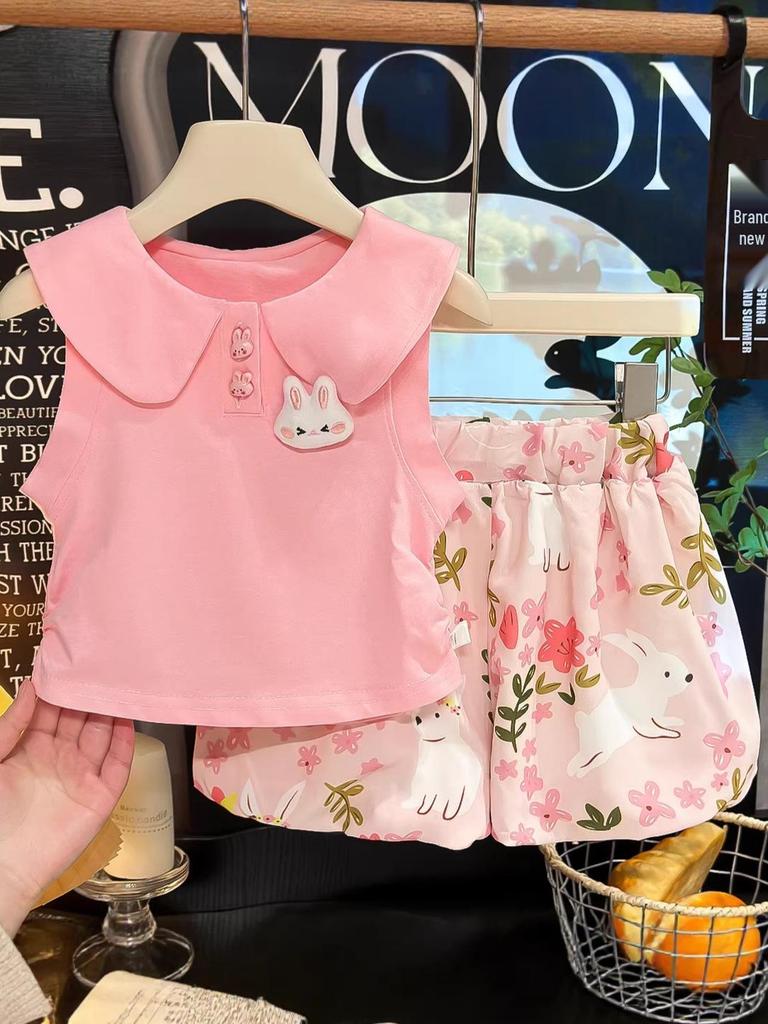 Sommer 2026 Niedliches Puppenkragen Kaninchen Blumen-Bubble-Hosen-Set für Kleinkind-Mädchen