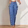 New Blue High Waist Side Strap Wide Leg Pants Women's Washed Straight Jeans