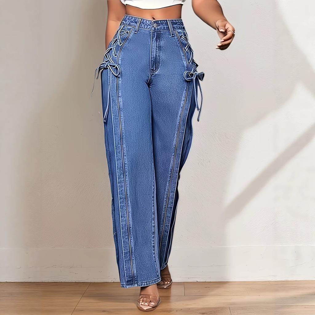 New Blue High Waist Side Strap Wide Leg Pants Women's Washed Straight Jeans