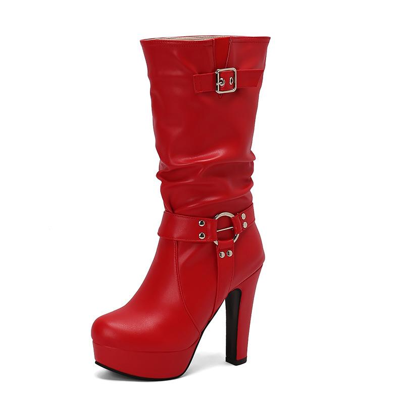 

Женские модные ботинки с плиссировкой и широкой пряжкой, красные, белые, на высоком каблуке, до середины икры, на платформе, с круглым носком, на квадратном каблуке 12 см, женская обувь 39 красный