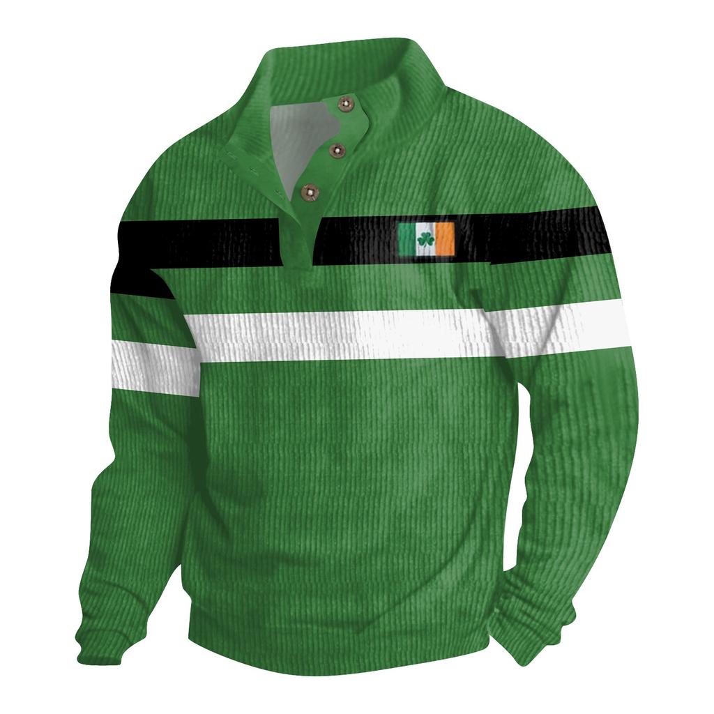 St. Patrick Men's Cotton Pullover Long Sleeve Outdoor Shirt Vintage Corduroy Button Stand Collar Shirt Casual Sweatshirt Print Top