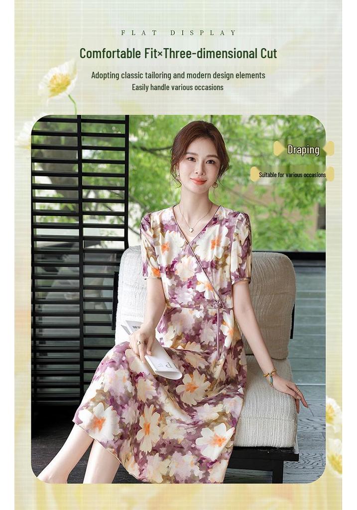 Elegant Floral Mid-Length Summer Dress for Middle-Aged Women