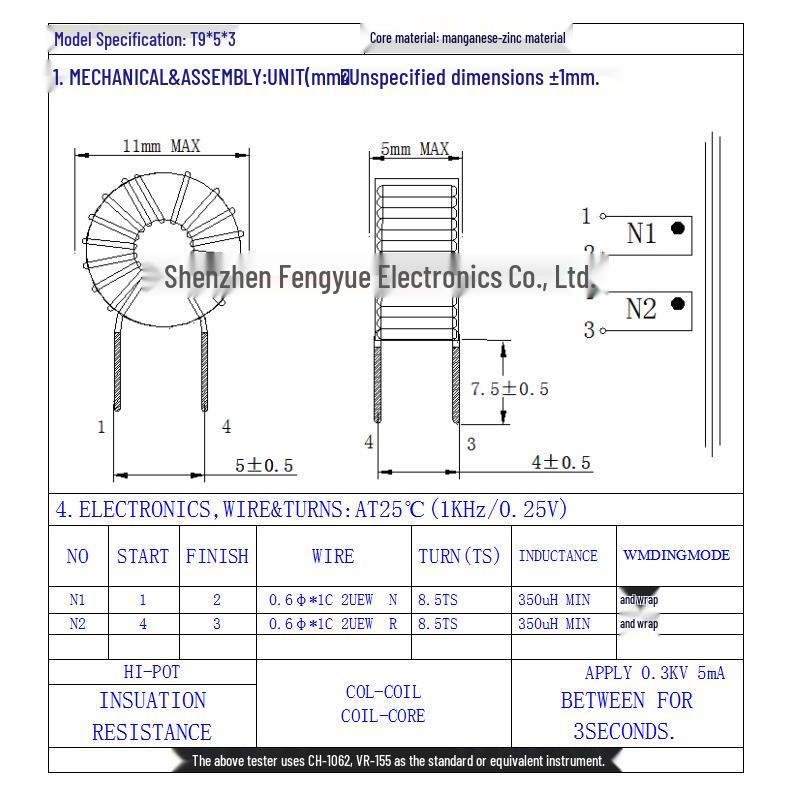Ferrite Core Common Mode Choke Coil, T9*5*3, Bifilar Winding, 8 Turns, 300-350uH, 0.6mm Wire, 4A