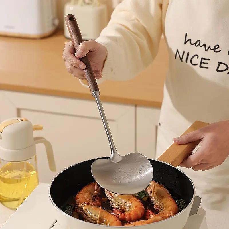 

Набор кухонных лопаток из нержавеющей стали с ручками из грецкого ореха - Деревянная ложка с прорезями и сплошная лопатка для приготовления пищи, жарки, сервировки серебряный