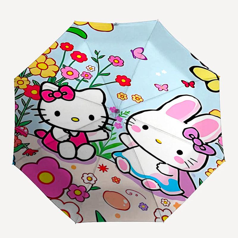 1pc Hello Kitty & Little Twin Stars Automatic Folding Umbrella - Portable 3-Fold Design with 8-Rib Iron Frame, Perfect for Outdoor Use, Festive Gifts,