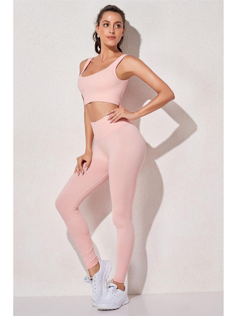 Women's Solid Color Seamless Ribbed Sports Bra and High Elastic Yoga Set