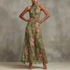 European and American Retro Ink and Flower Neck Long Dress, High Waist Folds and Thin Sexy Sleeveless Women's Clothing