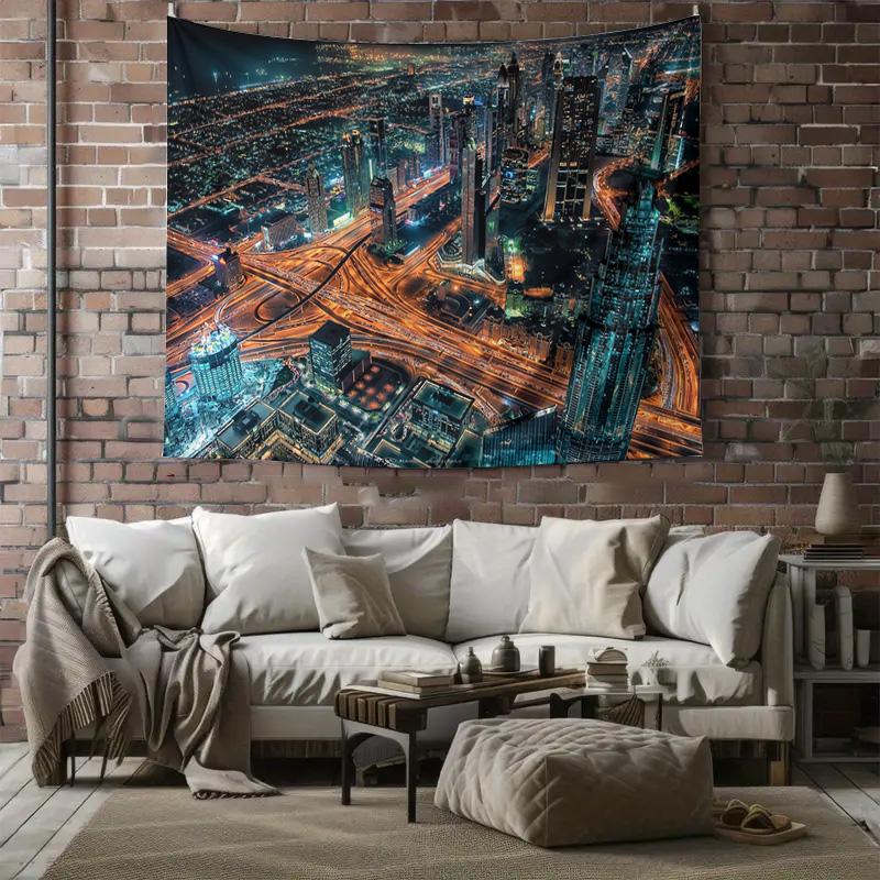 City Night Skyline Urban Landscape Wall Tapestry Machine Washable All Season Decor  Print Modern Design Home Simple Installation
