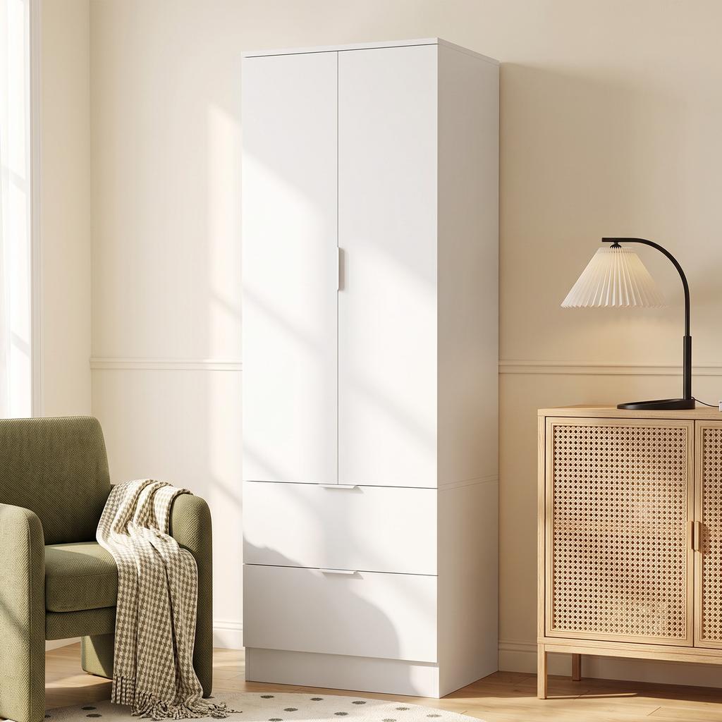 Bedroom Wardrobe, 2 Drawers, 2 Soft-Close Doors, Hanging Rail, 60 X 47 X 180 Cm, White