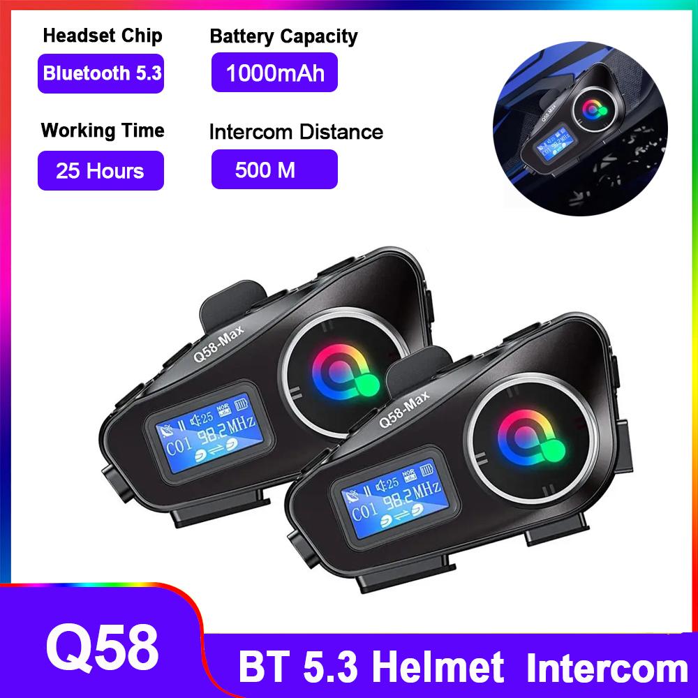 1/2pcs Q58-Max Motorcycle Helmet Intercom Bluetooth Headset LCD Display Interphone Multi-Scene Mixed Music Share with Flashlight