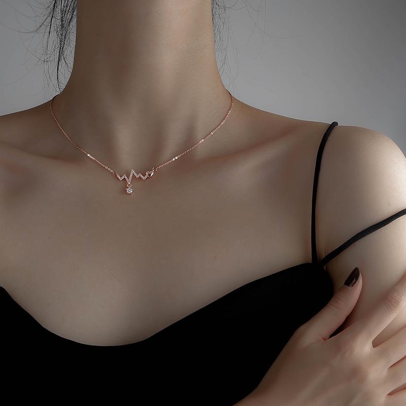 925 Sterling Silver Diamond-Studded Heartbeat Necklace for Women Autumn/Winter Versatile Luxury-Chic ECG Collarbone Chain