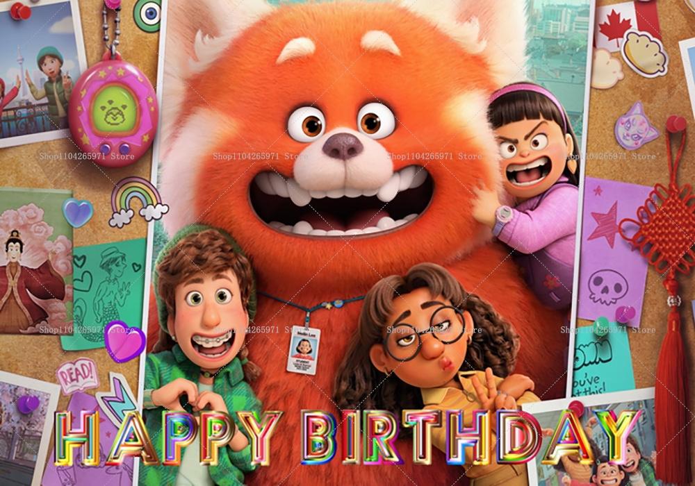 Cartoon Turning Red Happy Birthday Backdrop Banner Cute Red Panda Theme Kids Girls Birthday Party Decor Photo Background Supplie